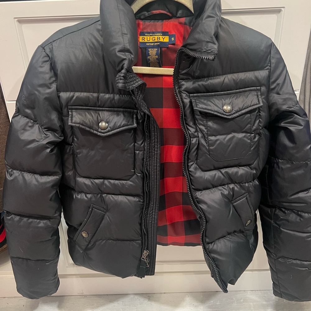 Ralph Lauren Rugby Black Puffer Jacket with Red Plaid Interior; women’s size S
